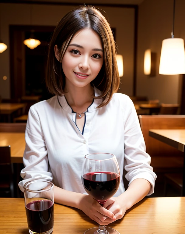 (64k, UHD, highest quality, masterpiece: 1.2), (realistic, photorealistic: 1.37), Super detailed, 1 pretty woman, (slimフェイス), (Because I&#39;m slender), (brown hair), (shortcut), cheeks blush a little, (44 years old), 38 years old, alone, 窓の外は美しい詳細な都会のnight景, restaurant, wine glassが座っている, nightに, Nova Frog style in a prominent place, actress, model, Upper body, White wine, slim, wine glass, Super Clean night View, wine glass Put in the Middle, Happy smile, (smile: 1.15), beautiful and fine eyes, Upper body, bust japan up, night, short, short, actress, model, Upper body, White wine, slim, wine glass, Super Clean night View, wine glass Put in the Middle, Happy smile,