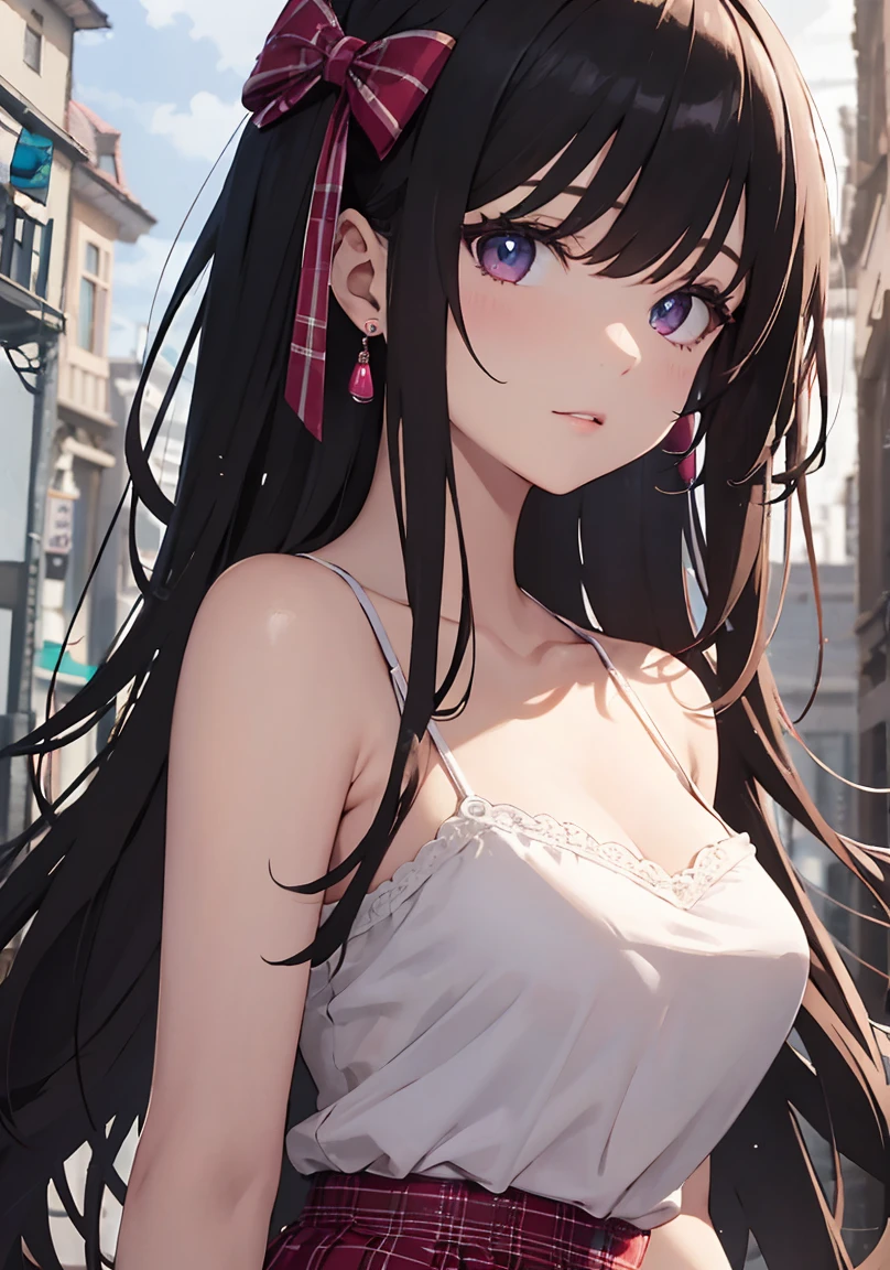 masterpiece, absurdres, best quality, ultra detailed, high Resolution, detailed illustration, extremely beautiful detailed face and eyes, Delicate beautiful face, bright colour, 1girl, cute face, magenta eyes, sparkling eyes, big eyes, medium breasts, (perky breasts:1.1), (pointy breasts:1.1), medium hips, glamorous body, white skin, happy, BREAK, long bob cut, (blonde hair:0.8), messy hair, detailed hair, shiny hair, BREAK camisole, gingham check skirt, tiny ribbon, real world, natural lights, perfect lighting, outdoor,