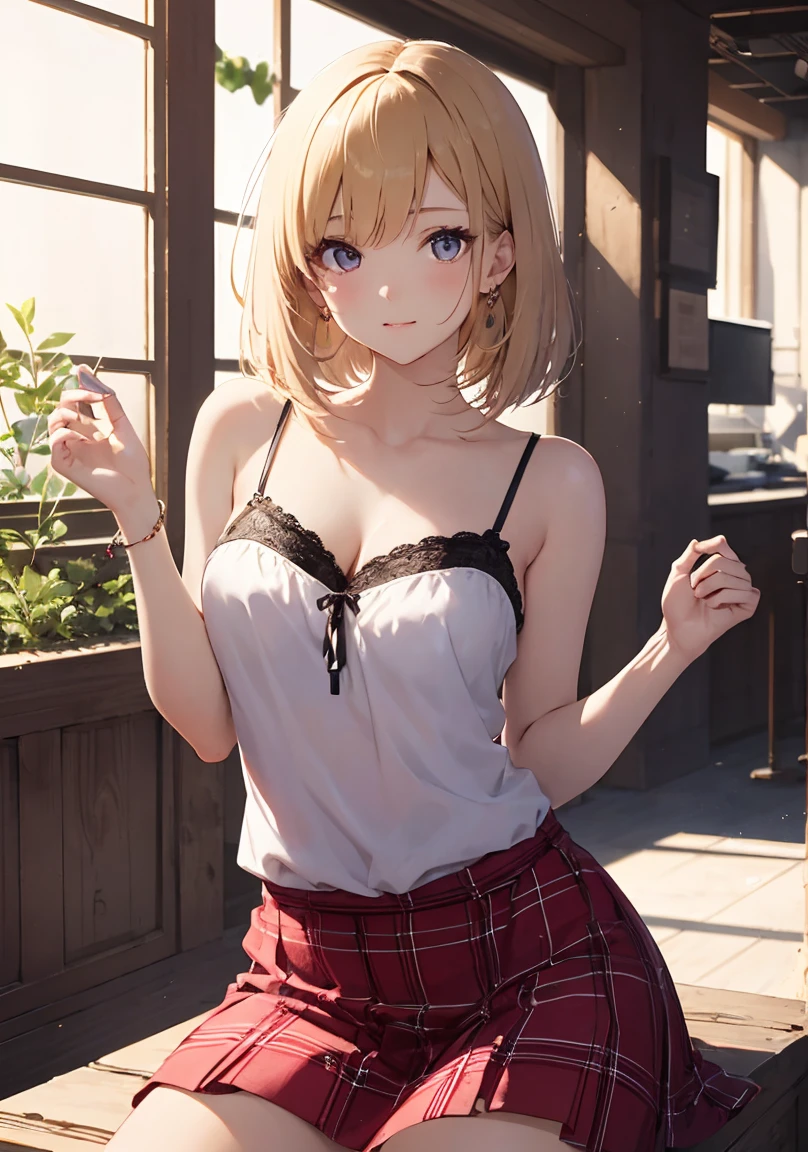 masterpiece, absurdres, best quality, ultra detailed, high Resolution, detailed illustration, extremely beautiful detailed face and eyes, Delicate beautiful face, bright colour, 1girl, cute face, magenta eyes, sparkling eyes, big eyes, medium breasts, (perky breasts:1.1), (pointy breasts:1.1), medium hips, glamorous body, white skin, happy, BREAK, long bob cut, (blonde hair:0.8), messy hair, detailed hair, shiny hair, BREAK camisole, gingham check skirt, tiny ribbon, real world, natural lights, perfect lighting, outdoor,