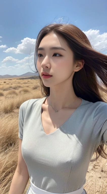 (1 Korean star with royal sister style), ((Best quality, 8K, 巨作: 1.3)), focal point: 1.2, Perfect body proportions: 1.4, (Make a smile), (Sunset: 1.3), Watery eyes, highly detailed face and skin textures, Fine eyes, Double eyelids, Whitens the skin, (length hair, Air bangs: 1.3), (Round face inches: 1.5), (An off-the-shoulder dress that looks good in summer: 1.4), (Blue Sky 1:3。 )(In the endless countryside 1:2),Take photos from medium and long distances while sitting。 (Wearing black sunglasses)