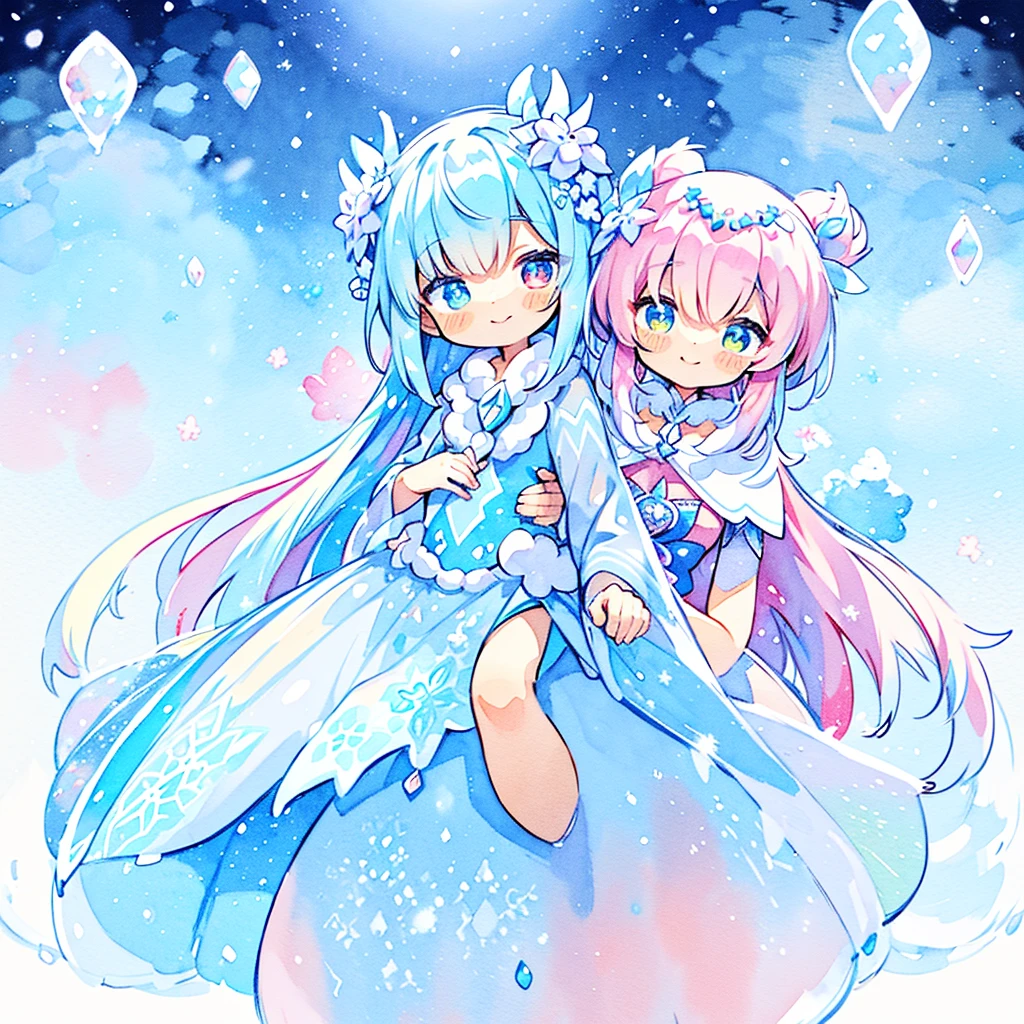 A smile、Ice fairy flying in powder snow. Beautiful face and brightly colored glowing eyes. She wears a costume decorated with snow and ice crystals..... Fantastic ice flowers blooming on a snowy field. Detailed drawing. Vivid colors. High image quality.from a 、(PastelColors:1.2)、(Cute illustration:1.2)、(watercolor paiting:1.2)、full bodyesbian、levitation、Dutchangle