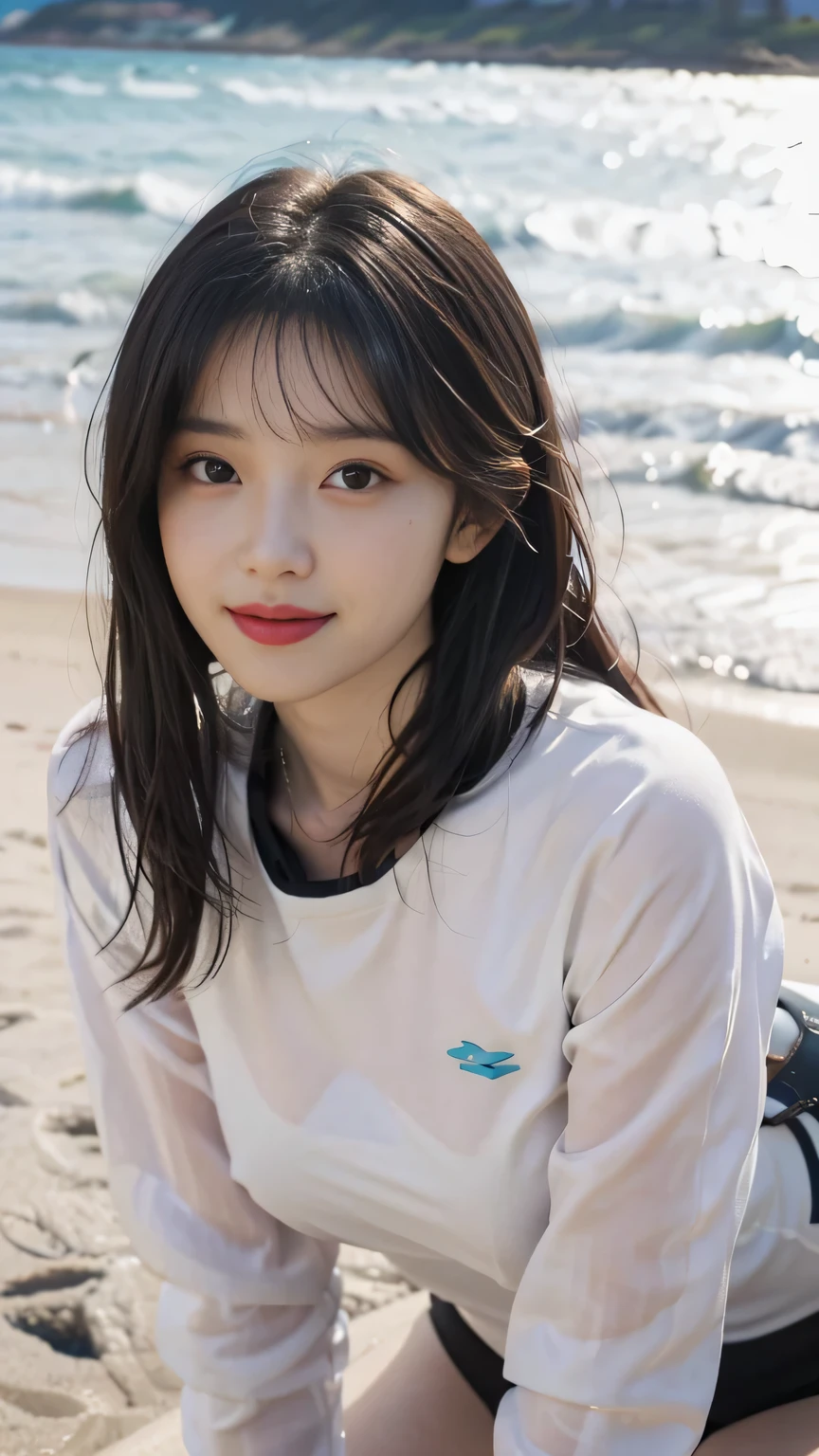 best quality, masterpiece, 1 girl, beautiful face, (photo photo:1.3), edge lighting, (high detail skin:1.2), 8k ultra hd, DSLR, high quality, high resolution, half body in frame, modeling pose, frontal posing, direct gaze, eye level shot, 4k, 8k, bokeh, absurd, best ratio four fingers and one thumb, (realistic:1.3), beautiful detailed girl, cute 1girl, dark brown hair, long hair, ponytail with bangs, volume hairs, little smile face, huge breasts, full looking breast, slim waist, slender, small thighs, perfectly proportion, wearing long-sleeves wetsuit, beach background, detailed background, wet hair,