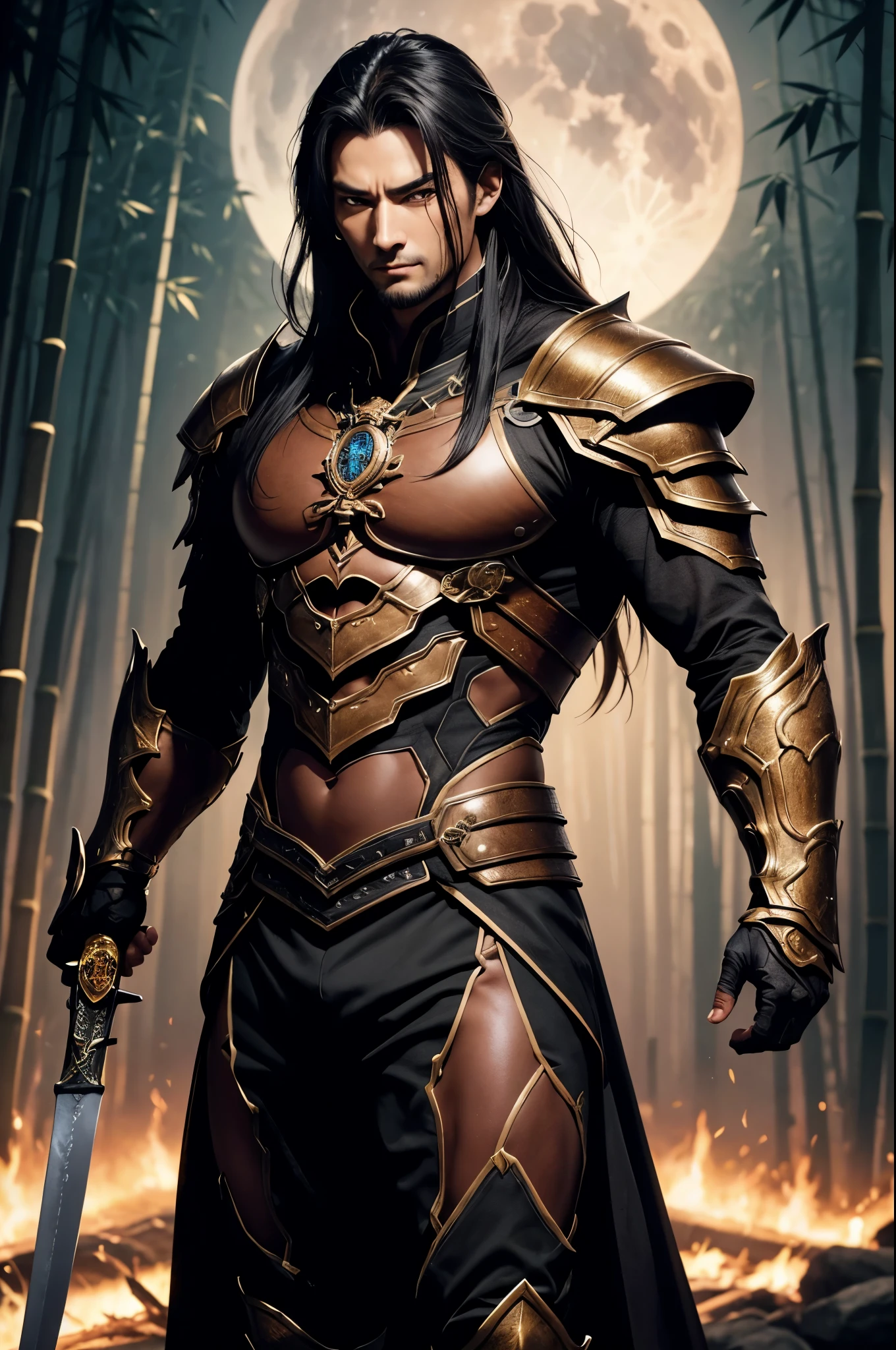 8K,1額から真っ直ぐにbornえる1本の白い角,Demon man with a big long sword, devil's villain, demon samurai,super handsome(like the real thing),アルビノのskin,リアルなskin金色の瞳, rich colors, Backlight, cinematic lighting, film grain, born, 50mm lens, Nikon D850,full moon and bamboo forest,super handsomeな成人した男性,まっ白いskin,brown and black armor,black clothes,1額からbornえる白い角,まっ白いskin,Albino species,skin,Eyebrow,eyelash,hand,Body,feet,arm(まっ白いskin),