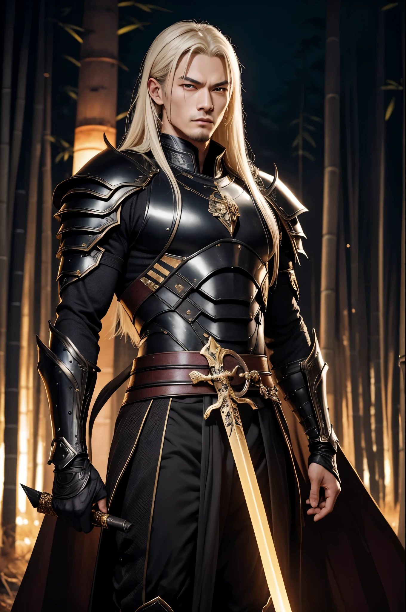 8K,1額から真っ直ぐにbornえる1本の白い角,Demon man with a big long sword, devil's villain, demon samurai,super handsome(like the real thing),アルビノのskin,リアルなskin金色の瞳, rich colors, Backlight, cinematic lighting, film grain, born, 50mm lens, Nikon D850,full moon and bamboo forest,super handsomeな成人した男性,まっ白いskin,brown and black armor,black clothes,1額からbornえる白い角,まっ白いskin,Albino species,skin,Eyebrow,eyelash,hand,Body,feet,arm(まっ白いskin),