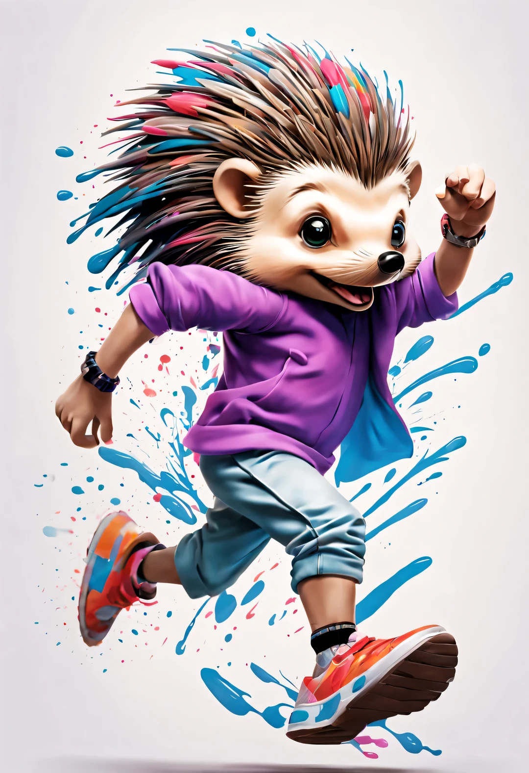 splash ink, patrick muciano style, (Cute running hedgehog: 1.3), inked-art, side view, Hip hop fashion design style,