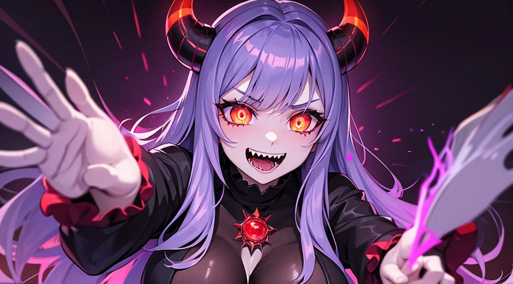 a close up of a devil woman with horns, glowing eyes, excited but crazy about you, swirling pupils, luminescence, vampire teeth, witch, supernatural, ghostly, alternative, hell, spooky Halloween time!, purple and oranges,