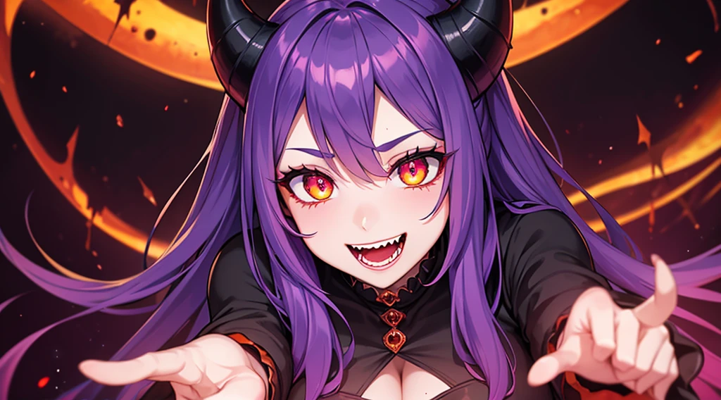a close up of  a devil woman with horns, glowing eyes, excited but crazy about you, swirling pupils, luminescence, vampire teeth, witch, supernatural, ghostly, alternative, hell, spooky Halloween time!, purple and oranges,