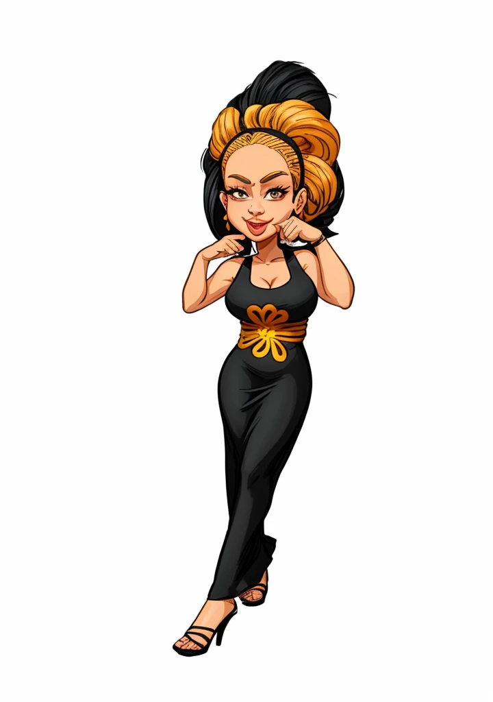 cartoon woman in vestido preto with mouth open and tongue out, an elegant woman in vestido preto, she is wearing a vestido preto, em estilo cartoon, imagem de desenho animado, fat latin woman dancing, figura feminina em vestido maxi, she is wearing a black tank top, vestido preto : : Symmetrical face, J - Lo, estilo caricatural, gesto de pose sexy pudica