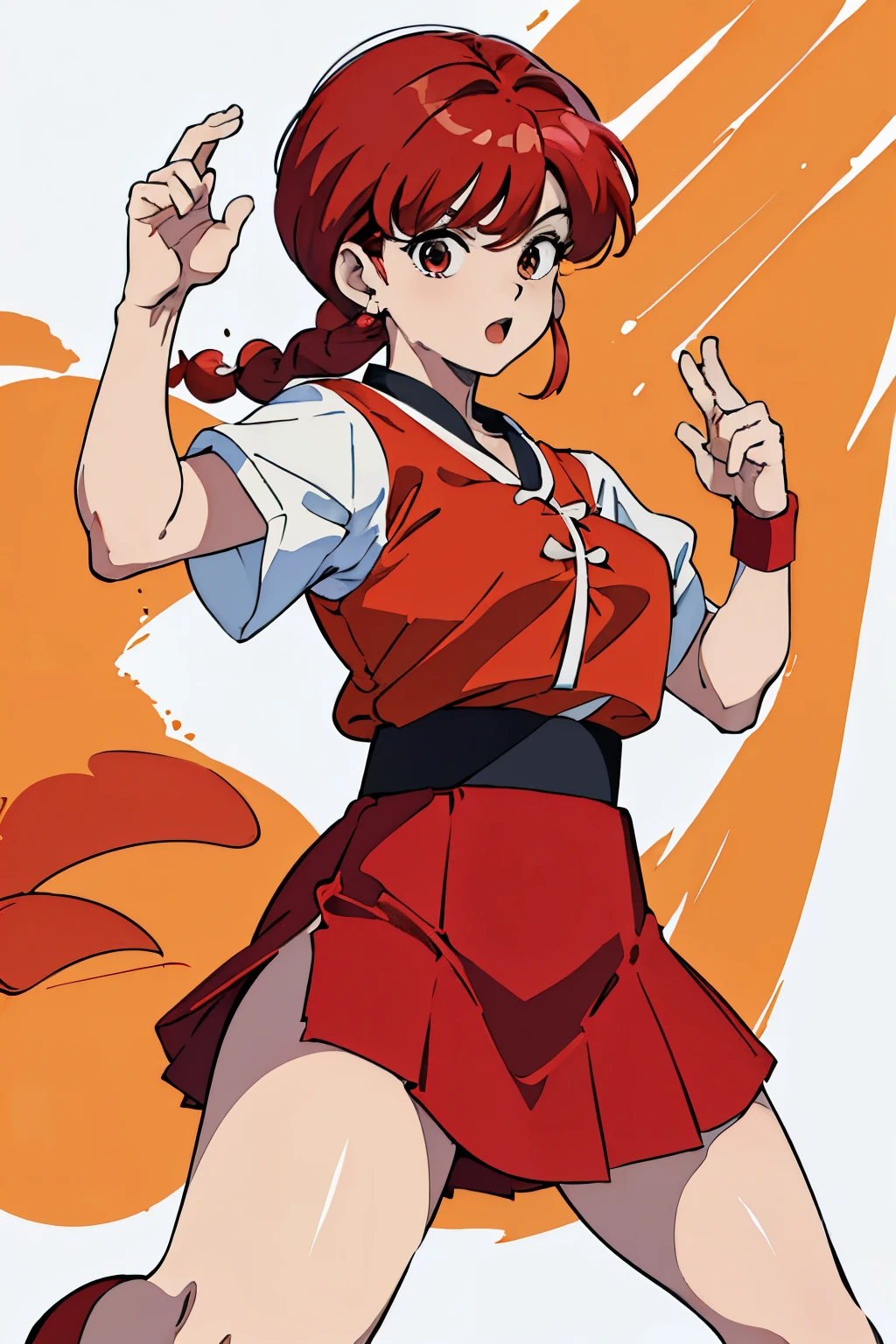 (8k, Foto RAW, La mejor calidad, Obra maestra:1.2), Ranma Chan, Ranma Red Shirt, red hair, braided belt, red skirt, red panty, martial art
