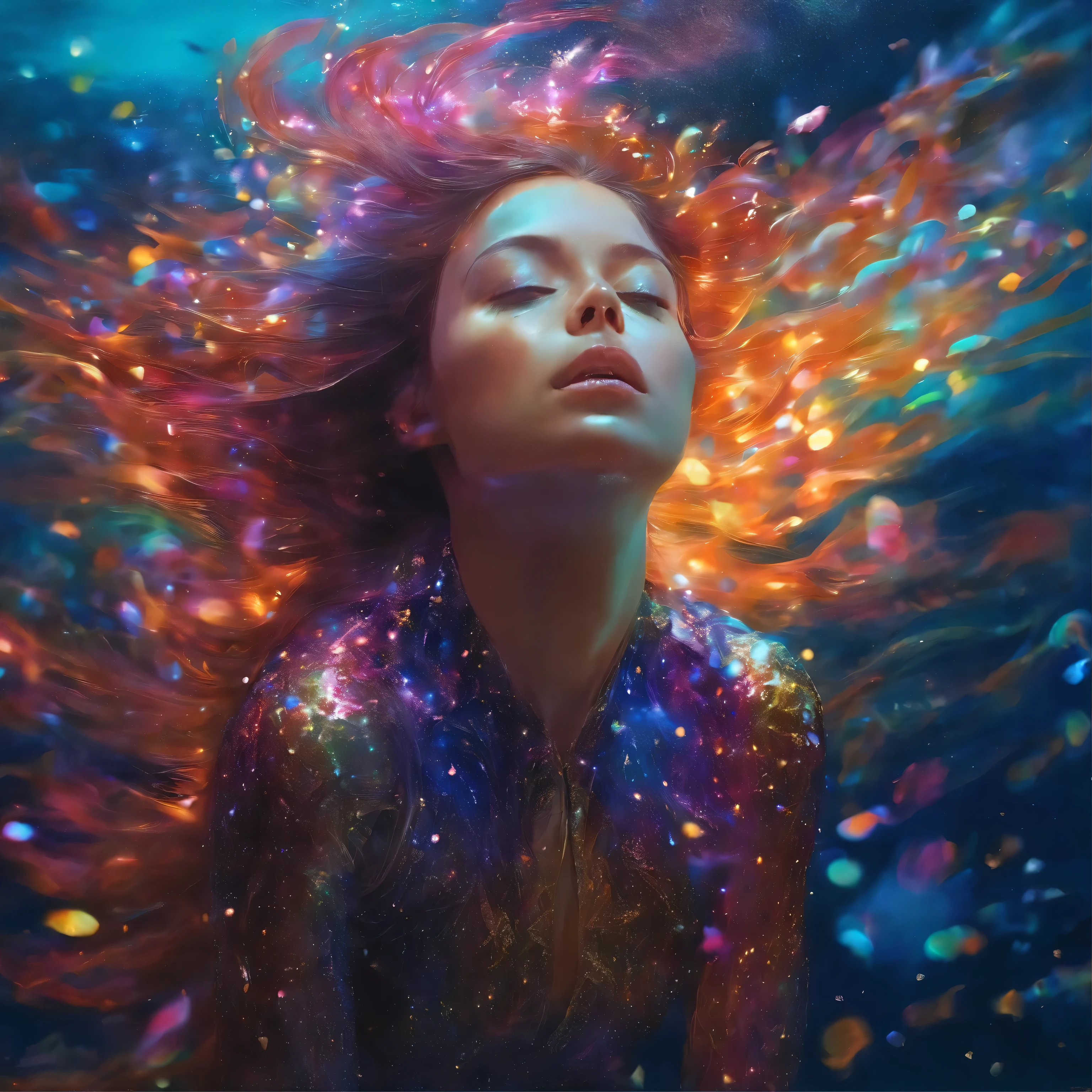 "girl with sparkle coat drown under ocean. the ocean full of sparkles" "Hyperrealistic, splash art, concept art, mid shot, intricately detailed, color depth, dramatic, 2/3 face angle, side light, colorful background"