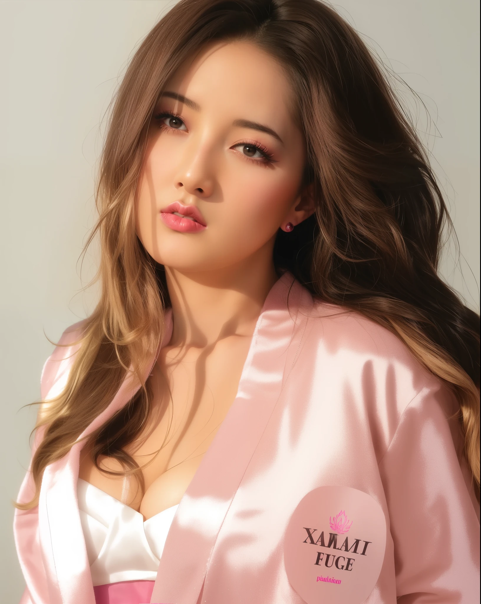 there is a woman wearing a pink robe and a pink button, wearing fuchsia silk robe, satin, wearing a luxurious silk robe, with professional makeup, fanart, glamour shot, malika favre, wearing white silk robe, in a silk robe, promotional picture, solo photoshoot, promotional portrait, photoshoot for skincare brand, portrait image, wearing a luxurious velvet robe