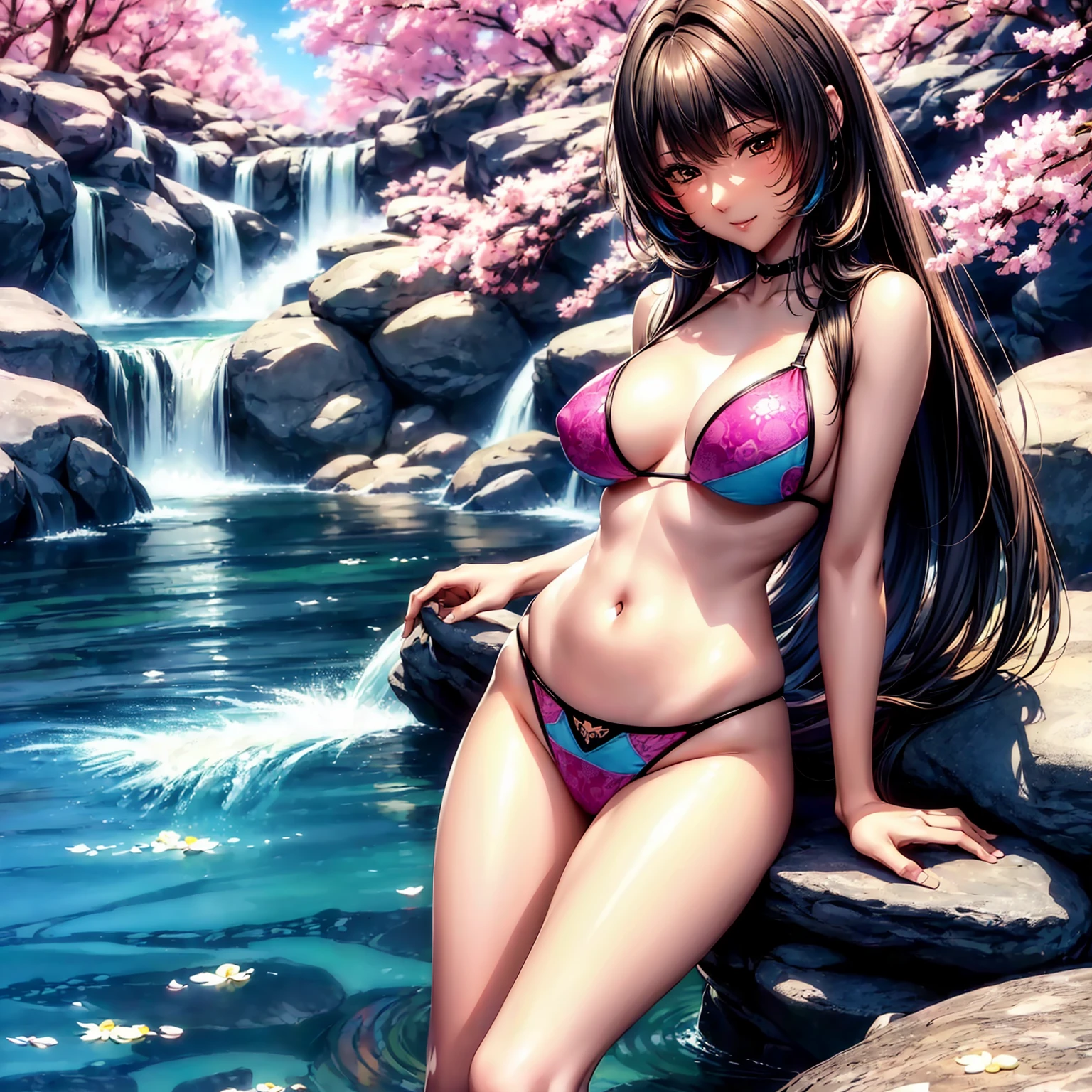 (highest quality、masterpiece、very high resolution、ultra high resolution.High-quality detail)、(A woman with perfect and ultimate beauty:18-year-old,bright smile,beautiful body、beautiful face)、(There are many variations of hairstyles,beautiful hair quality),(Beautiful breasts with a slender body shape:F cup,beautiful hair texture,Beautiful skin texture,Lifelike textures,Beautiful colors)((可愛いbikini swimwear:patterned and colorful,bikini swimwear:color and pattern)),(Beautiful waterfront,There is a beautiful waterfall,Beautiful night cherry blossoms and lanterns,fantastic night sky、beautiful scenery),(water play,beautiful pose,model shoot),(whole body,I can see my thighs,accurate anatomy、highly detailed images、accurate image、Perfect Image 1.5)、beautiful anime woman, beautiful art style, anime character、(Overall image、Image without defects、natural soft light、beautiful images),(best shot,RAW photo 1.2)