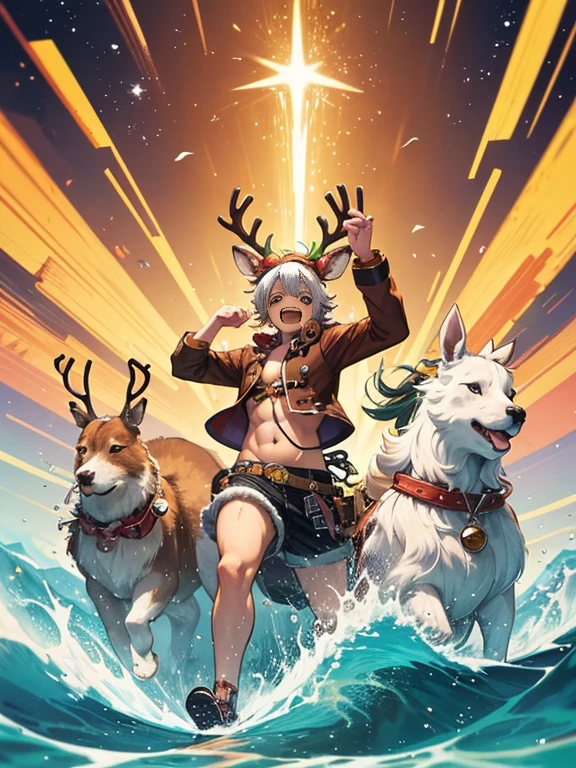 (best quality, hyper detailed, high quality, masterpiece), Imagine an adorable and lively depiction of Chopper, the lovable reindeer from the anime series "One Piece". Render Chopper in a dynamic pose, surrounded by his friends, with a vibrant background that showcases their adventurous spirit. Capture the essence of Chopper's innocence and curiosity, and bring to life the joy that emanates from his character. Let your creativity flow and produce a visual representation that truly embodies the spirit of Chopper and his companions."
