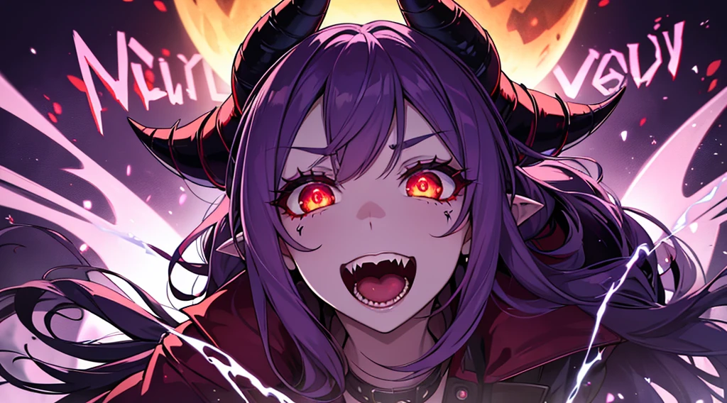 a close up of a devil woman with horns, glowing eyes, excited but crazy about you, swirling pupils, luminescence, vampire teeth, witch, supernatural, ghostly, alternative, hell, spooky Halloween time!, purple and red,