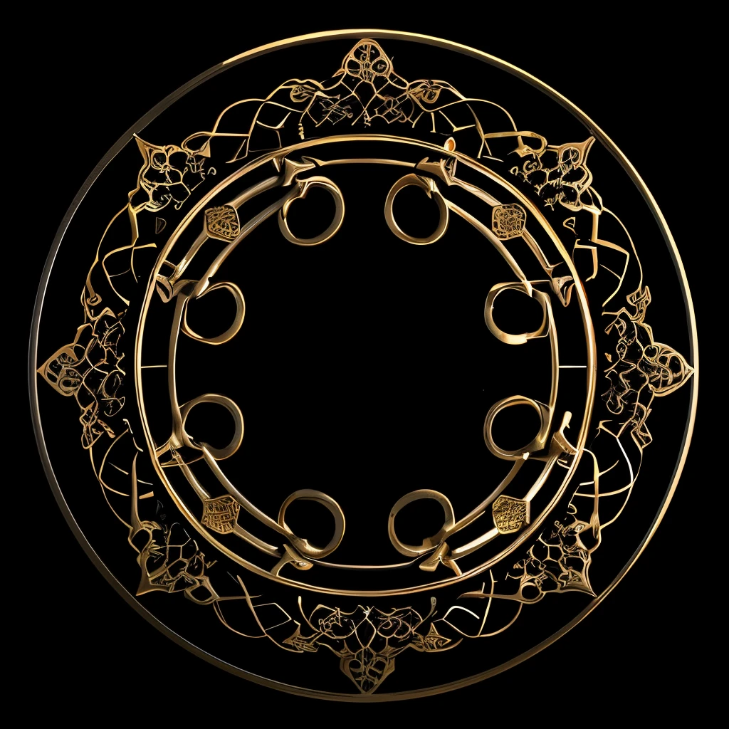 Swirling gold-plated circular design, complicated decoration, Gold decoration, goldsmith, Islamic art, Complex gold elements, complicated decoration 후광, complicated decoration품, Gold inlay, Intricate goldsmithing, Elaborate geometric decoration, Persian design, 3D intricate shapes, Composite of gold and steel, Brilliant Gold, Golden lace pattern, Intricate high-end ornaments