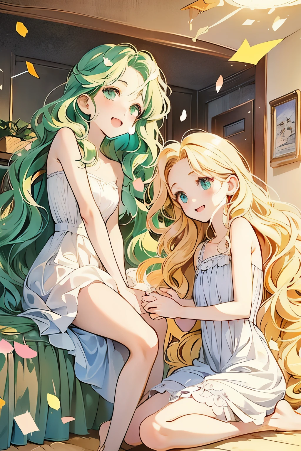 18 year old twin sisters、Golden-green wavy hair that shows your forehead、big smile、wear a one-piece dress、Birthday Party、Confetti flutters、crackers are sounded、A room with a calm atmosphere、delicate expression and eyes，Bare feet that show off your beautiful legs、biologically correct body、