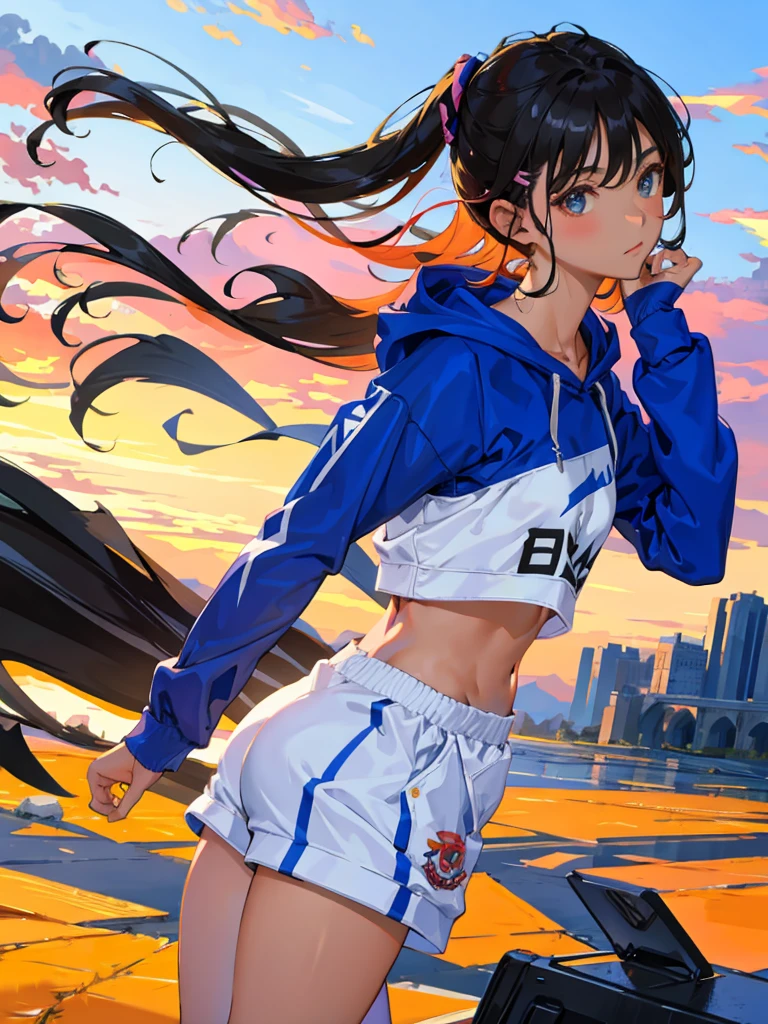 ，（​masterpiece，Highest Quality），Sportsbra，Lightweight hoodie，A dark-haired，The wind is blowing