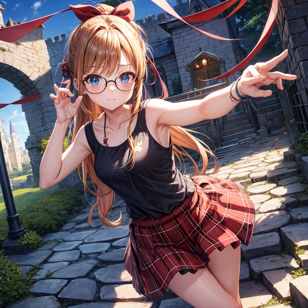reddish-brown blonde、blue hair、blue eyes、ponytail、one good looking girl、solo、anime、Plaid miniskirt、camisole、black t-shirt、Tilting your face、Doing the ribbon、Ribbon at waist、sunset sky、broken stone steps、Remains、tunnel、Fallen leaves、wearing glasses、Light and shadow、monster castle、corridor、One leg is raised、pinwheel、castle floating in the air、column、Jewelry box、flag、dust is flying、forest