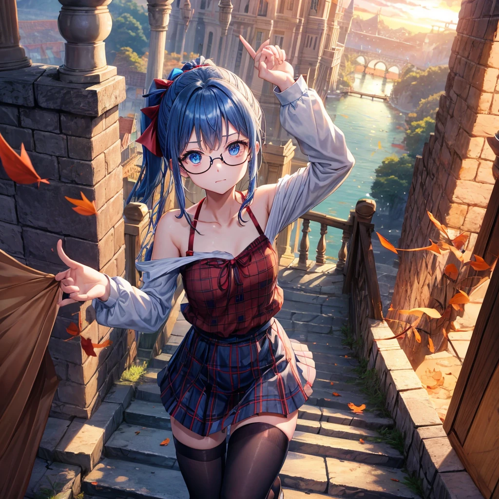 reddish-brown blonde、blue hair、blue eyes、ponytail、one good looking girl、solo、anime、Plaid miniskirt、camisole、black t-shirt、Tilting your face、Doing the ribbon、Ribbon at waist、sunset sky、broken stone steps、Remains、tunnel、Fallen leaves、wearing glasses、Light and shadow、monster castle、corridor、One leg is raised、pinwheel、castle floating in the air、column、Jewelry box、flag、dust is flying、forest