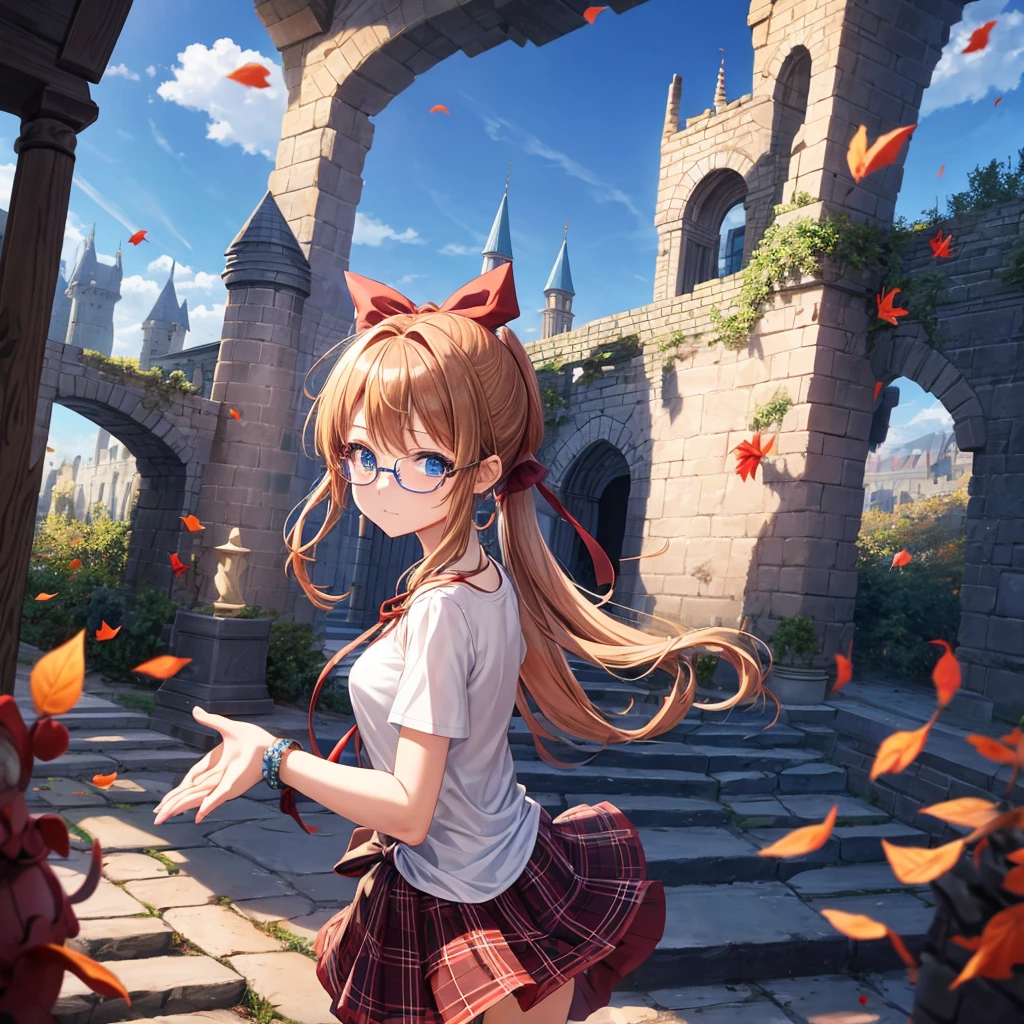 reddish-brown blonde、blue hair、blue eyes、ponytail、one good looking girl、solo、anime、Plaid miniskirt、camisole、black t-shirt、Tilting your face、Doing the ribbon、Ribbon at waist、sunset sky、broken stone steps、Remains、tunnel、Fallen leaves、wearing glasses、Light and shadow、monster castle、corridor、One leg is raised、pinwheel、castle floating in the air、column、Jewelry box、flag、dust is flying、forest