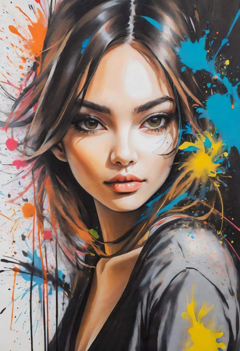 scribble art，ink splatter，Wild，splash ink painting，Abstraction，rich and colorful，Vague dreams，Dynamic energy,publish creation，visual impact,modern aesthetic,Elegant and simple,Contemporary interpretation,be bold,Stylized abstract portrait of beautiful girl，Street graffiti