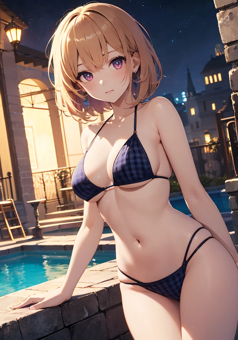 masterpiece, absurdres, best quality, ultra detailed, high Resolution, detailed illustration, extremely beautiful detailed face and eyes, Delicate beautiful face, bright colour, 1girl, cute face, magenta eyes, sparkling eyes, big eyes, medium breasts, (perky breasts:1.1), (pointy breasts:1.1), medium hips, glamorous body, white skin, happy, BREAK, long bob cut, (blonde hair:0.8), messy hair, detailed hair, shiny hair, BREAK gingham check Bikini, tiny ribbon, night pool, real world, natural lights, perfect lighting, outdoor,