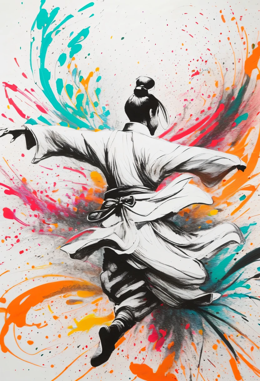 scribble art，ink splatter，Wild，splash ink painting，Abstraction，rich and colorful，Vague dreams，Dynamic energy,publish creation，visual impact,modern aesthetic,Elegant and simple,Contemporary interpretation,be bold,Chinese Kung Fu