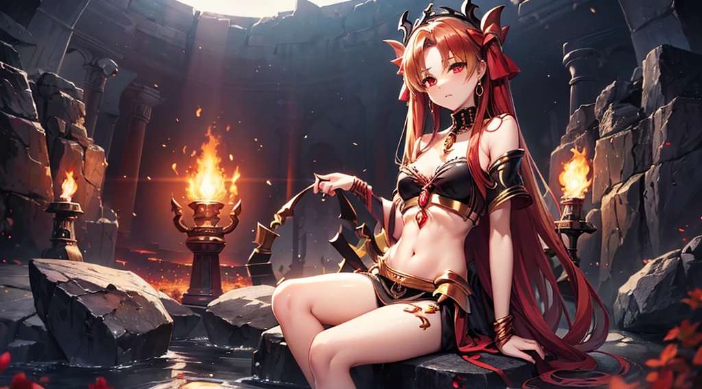 (((Ereshkigal))) best quality, ultra-high resolution, 4K detailed CG, masterpiece, goddess Sumeria, goat horns, skulls, sitting on stone, aesthetic, Sumerian, ((goddess of the underworld)), beautiful image, centered on the screen,