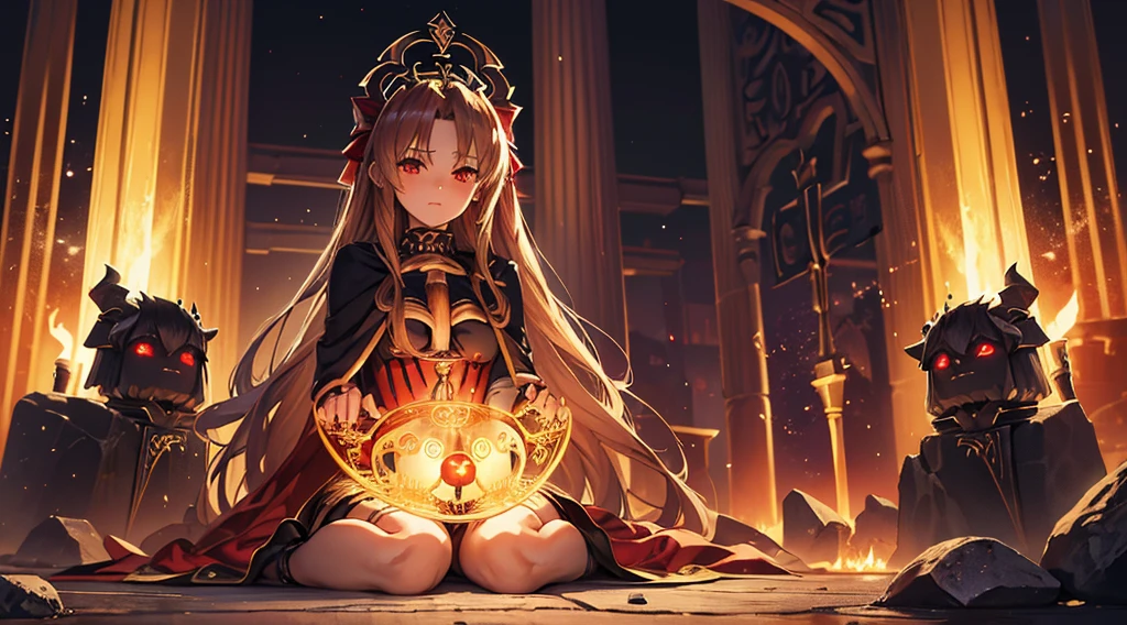 (((Ereshkigal))) best quality, ultra-high resolution, 4K detailed CG, masterpiece, goddess Sumeria, goat horns, skulls, sitting on stone, aesthetic, Sumerian, ((goddess of the underworld)), beautiful image, centered on the screen,