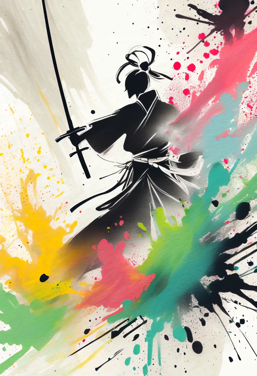 scribble art，ink splatter，Wild，splash ink painting，Abstraction，rich and colorful，Vague dreams，Dynamic energy,publish creation，visual impact,modern aesthetic,Elegant and simple,Contemporary interpretation,be bold,Chinese swordsman
