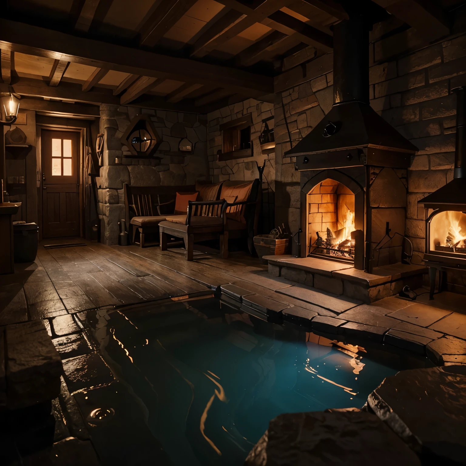Close-up of a small house with chimney and fire, a multidimensional cozy tavern, stylized concept art,, medieval village, beautiful scenery,Flowing river