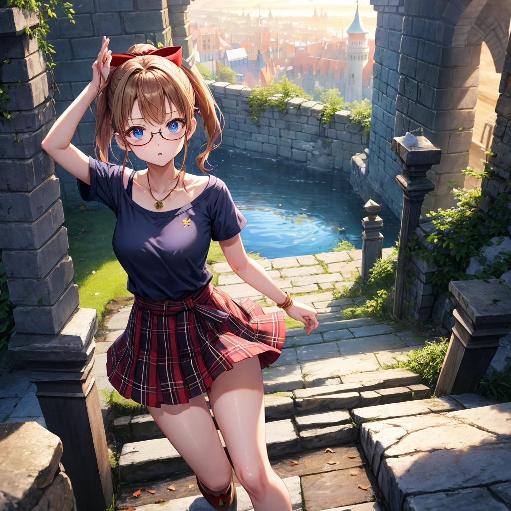reddish-brown blonde、blue hair、blue eyes、ponytail、one good looking girl、solo、anime、Plaid miniskirt、camisole、black t-shirt、Tilting your face、Doing the ribbon、Ribbon at waist、sunset sky、broken stone steps、Remains、tunnel、Fallen leaves、wearing glasses、Light and shadow、monster castle、corridor、One leg is raised、pinwheel、castle floating in the air、column、Jewelry box、flag、dust is flying、forest
