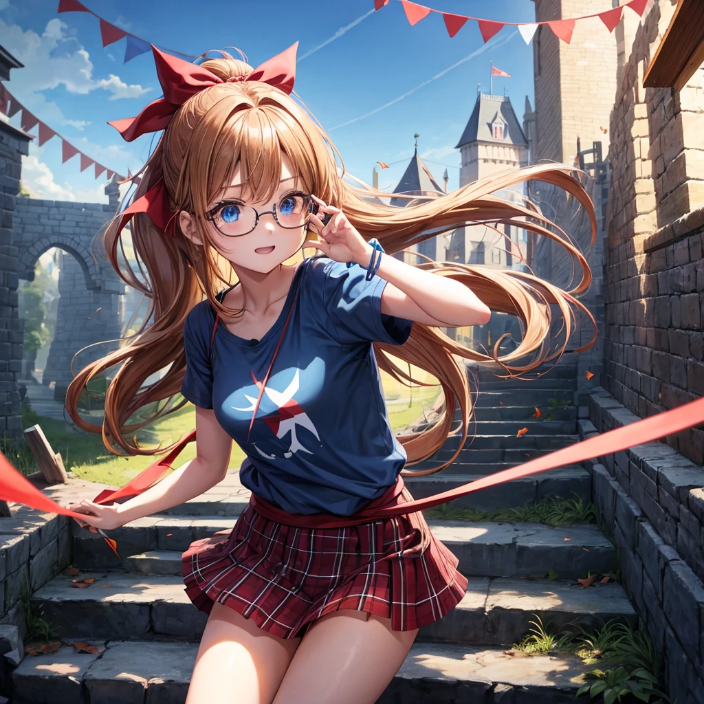 reddish-brown blonde、blue hair、blue eyes、ponytail、one good looking girl、solo、anime、Plaid miniskirt、camisole、black t-shirt、Tilting your face、Doing the ribbon、Ribbon at waist、sunset sky、broken stone steps、Remains、tunnel、Fallen leaves、wearing glasses、Light and shadow、monster castle、corridor、One leg is raised、pinwheel、castle floating in the air、column、Jewelry box、flag、dust is flying、forest