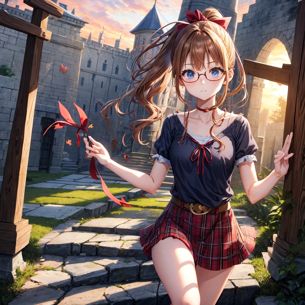 reddish-brown blonde、blue hair、blue eyes、ponytail、one good looking girl、solo、anime、Plaid miniskirt、camisole、black t-shirt、Tilting your face、Doing the ribbon、Ribbon at waist、sunset sky、broken stone steps、Remains、tunnel、Fallen leaves、wearing glasses、Light and shadow、monster castle、corridor、One leg is raised、pinwheel、castle floating in the air、column、Jewelry box、flag、dust is flying、forest