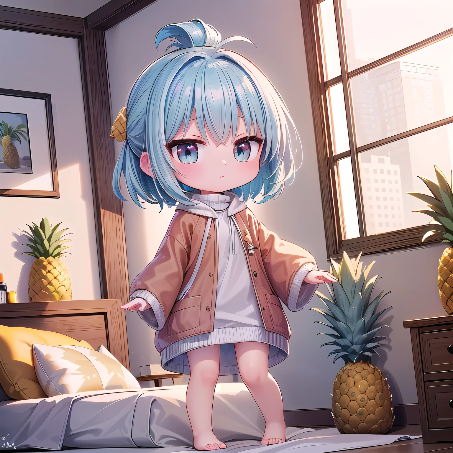 (Chibi, Pineapple, one girl: 1.4), (Masterpiece, almond-shaped eyes, glossy white-blue hair, short chignon hair, top quality, carefully drawn fingertips, beautiful anatomy : 1.4), (full body: 1.3), (Red cheeks, indifference, no expression, hair blowing in the wind: 1.2), (Slim and warm clothes, baggy clothes, fluffy sweater one piece, Celebrity Lifestyle, poncho , how a chibi sits ,bere foot: 1.2), (Elegant Holy morning: 1.3), (very spacious bedroom, ornamental plants, Pineapple Building, super gorgeous live view :1.3)