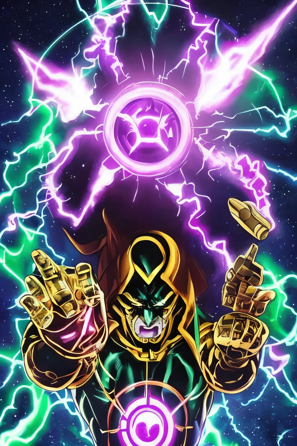 make an art of DIO Brando from Jojo's Bizarre Adventure. Blend Jojo’s Bizarre Adventure with Dr. Doom's aesthetic. Picture DIO's imposing figure, dressed in a fusion of Dr. Doom’s iconic armor and Jojo’s attire. Include a stone mask echoing Dr. Doom’s design, a flowing cape, and accessories like the Infinity Gauntlet. Illuminate Apex Nox’s eyes with a Death Note-inspired glow. Surround him with an aura blending vampirism and cosmic energies from the Infinity Stones. This artwork should symbolize the fusion of cosmic, supernatural, and technological forces.
