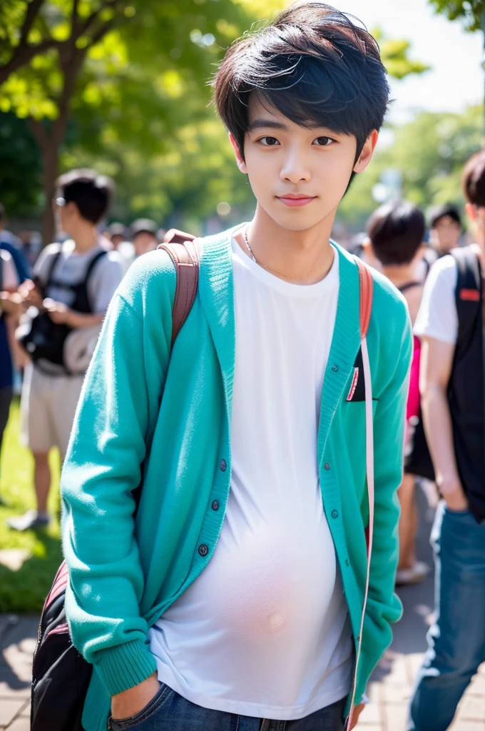 Full body shot, ,teenage Korean bny fat body like a Korean younger, nude ass, shirtless ,wearing white underwear, white socks standing sideways turn back and turn half face to photographer in a city market surrounded by multiple people taking pictures