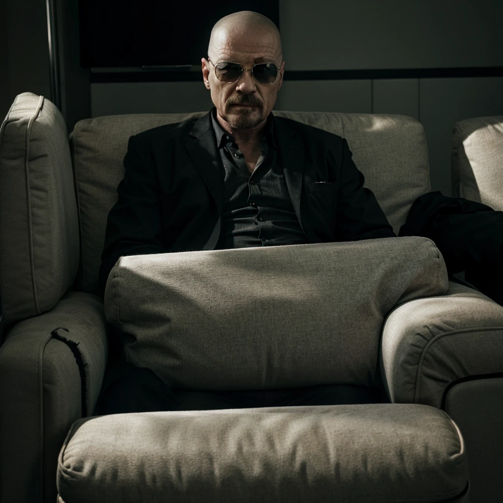 Walter white sitting from breaking bad sitting in a chair wearing  black suit  and with a rayband glass