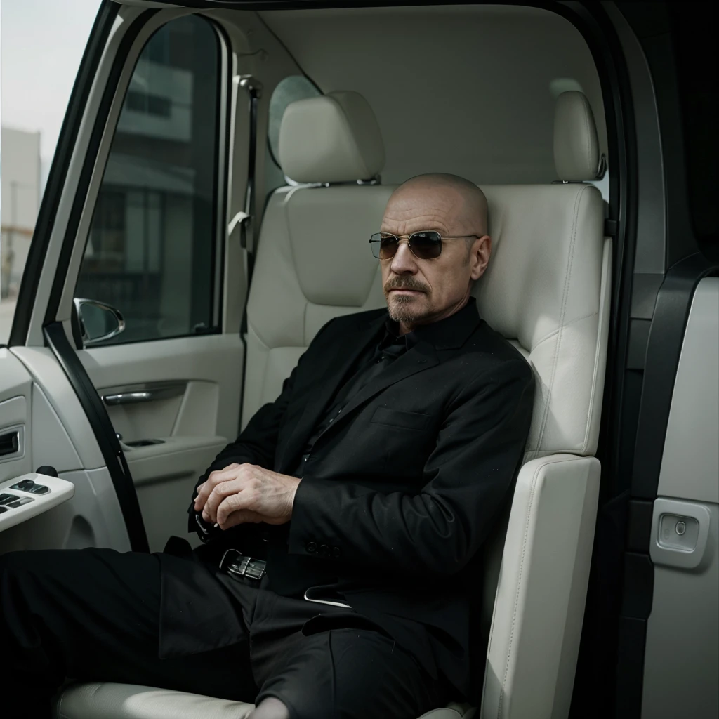 Walter white sitting from breaking bad sitting in a chair wearing black suit and with a rayband glass