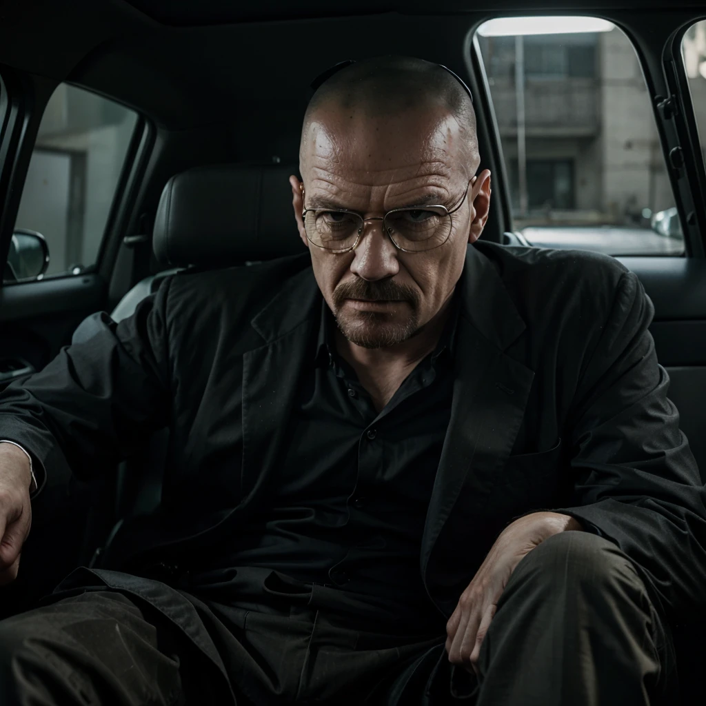 Walter white sitting from breaking bad sitting in a chair wearing black suit and with a rayband glass