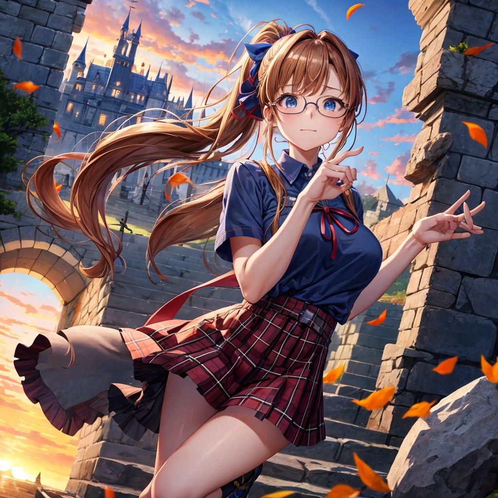 reddish-brown blonde、blue hair、blue eyes、ponytail、one good looking girl、solo、anime、Plaid miniskirt、camisole、black t-shirt、Tilting your face、Doing the ribbon、Ribbon at waist、sunset sky、broken stone steps、Remains、tunnel、Fallen leaves、wearing glasses、Light and shadow、monster castle、corridor、One leg is raised、pinwheel、castle floating in the air、column、Jewelry box、flag、dust is flying、forest