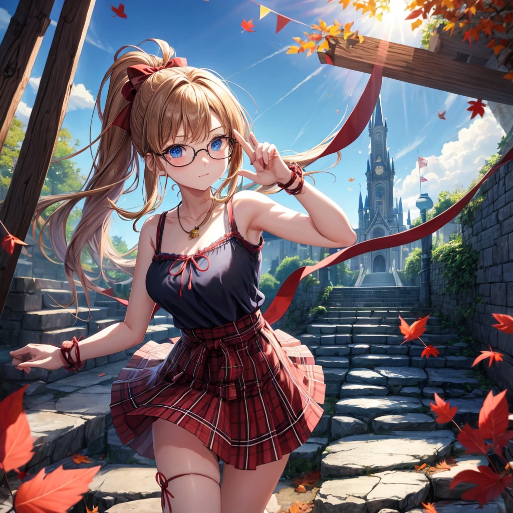 reddish-brown blonde、blue hair、blue eyes、ponytail、one good looking girl、solo、anime、Plaid miniskirt、camisole、black t-shirt、Tilting your face、Doing the ribbon、Ribbon at waist、sunset sky、broken stone steps、Remains、tunnel、Fallen leaves、wearing glasses、Light and shadow、monster castle、corridor、One leg is raised、pinwheel、castle floating in the air、column、Jewelry box、flag、dust is flying、forest