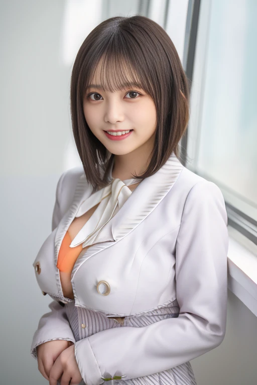 masterpiece,(realistic), 8k wallpaper that integrates high-definition CG, (headquarters skin:1.2),8K UHD, Digital single-lens reflex camera, high quality, ((1 girl, 20-year-old, dress, smile, Stand near the classroom window, medium short hair, indoor)), black eyes, beautiful and detailed eyes, (real skin), beautiful skin, Charm, 超High resolution, ultra-realistic,High resolution、(big breasts:1.8)