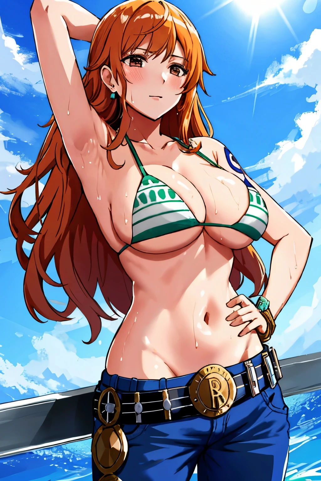 detailed background, masterpiece, 4K, best quality, 늦은 request소년, adult, wrestler body, 1 woman, Active, energetic, Uppercut, (Big mouth) , alone, Us \(One Piece\), 1 woman, bangle, (Very wet, Drenched in sweat, sweating all over, Very wet hair, tired, breathe, dehisce, exhausted, outcry, Sweaty face, sweaty body, Panting, sweating too much, Glittering sweat, sweaty armpits, trend, hands on hips, Serious, glaring), Perfect, detailed face, Draw bold lines, muscular arms, Detailed and thick arm lines, Flat chin, adult woman, wavy wide striped bangs, floating bangs, (Big cheeks), bare shoulders, off shoulder, belt, bikini, bikini top only, blue sky, bracelet, Elastic breasts, Breast line, Big round eyes, very large brown shiny eyes, foam, 높은 눈 stomach치, split, cloud, afternoon, request, earring, floating hair, shiny hair, green belt, green bikini, Thick groin line, requestpants, bijouterie, medium chest, Log Pose, long hair, looking at viewer, navel, wet hair, Orange hair, pants, shoulder Tattoo, side lock, sky, alone, standing, stomach, swimsuit, Tattoo , looking at viewer, dehisce, Detailed left arm, large forehead, hourglass shape, small head, A toned body, Broad head, wind effect, The Sun Effect, Under the sun, Narrow small ear angle, Previous, 무작stomach 포즈,