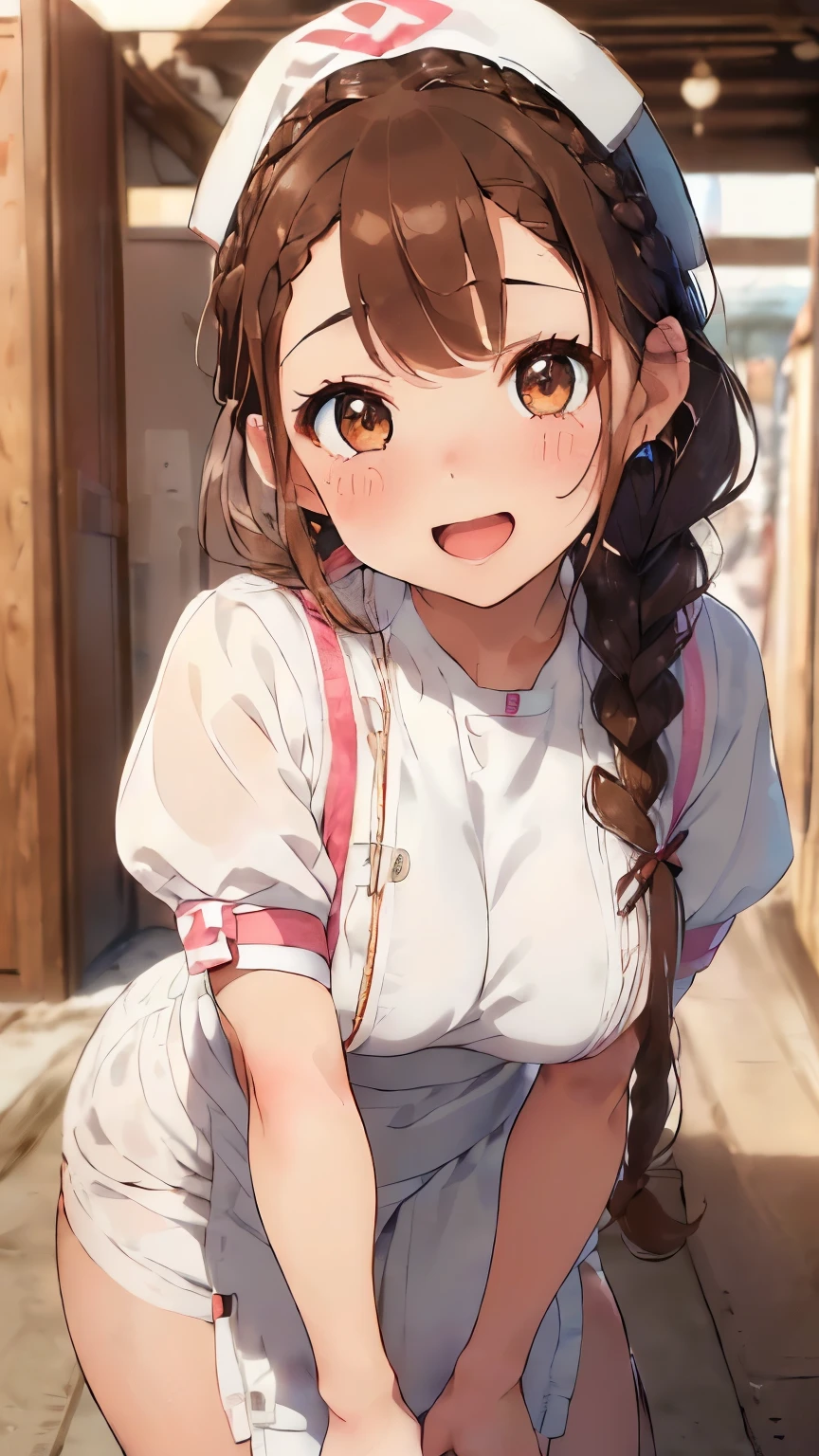(brown hair:1.4),(brown eyes:1.4),((Braided shorthair:1.3)),((With bangs)),((Valentine:1.4)),(blush),((Gentle smile with open mouth:1.2)),((A colorful and cute world with POP:1.3)),(Soft taste:1.6),((fashion//pure white nurse costume、Glossiness:1.25)),(cute pose:1.3),(I like you so much♡:1.6),((slouch:1.3)),((tits:1.1)),(close up of face:1.2)