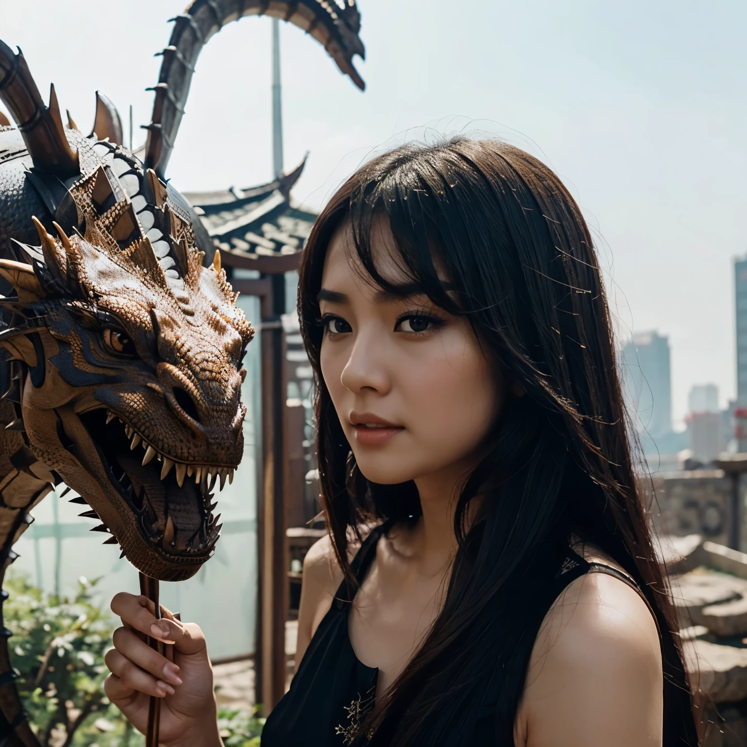 Pretty Chinese woman kills a dragon