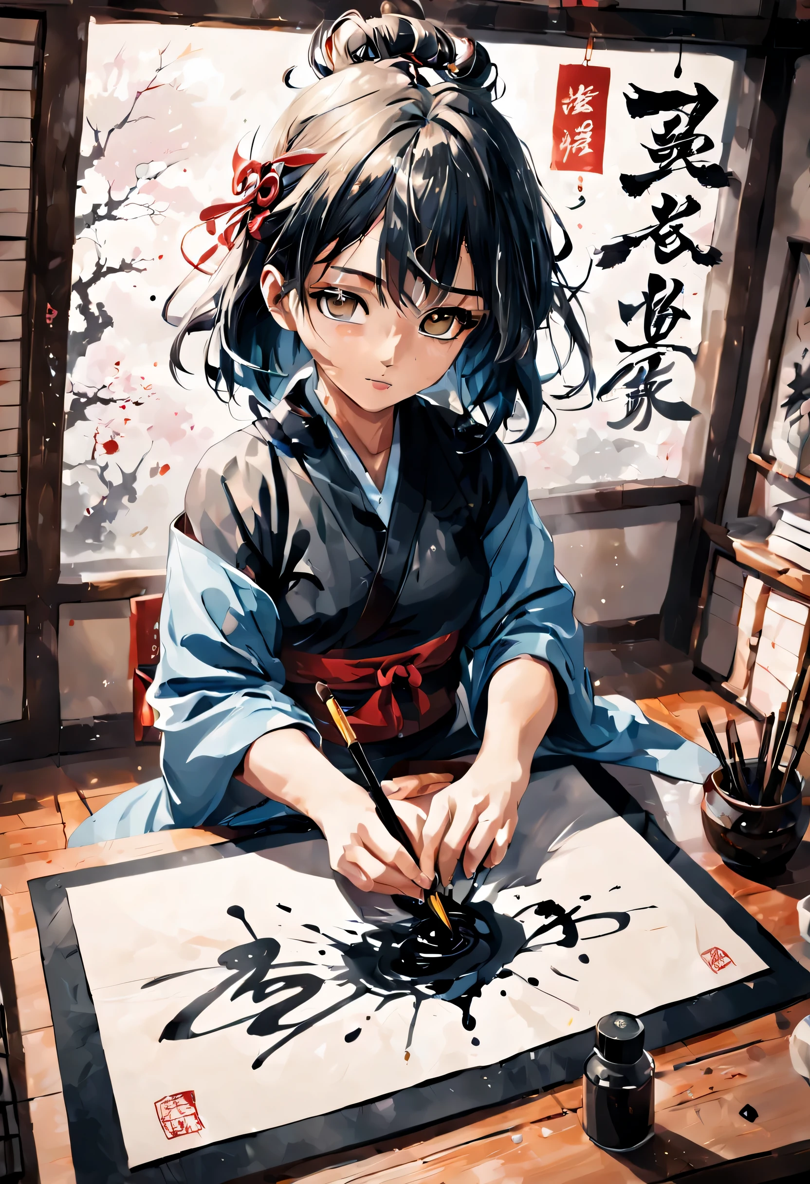 calligraphy, hanshi paper, brush with hair, felt mat for paper, calligraphyの***が墨を飛ばして大胆に字を書いている. anime