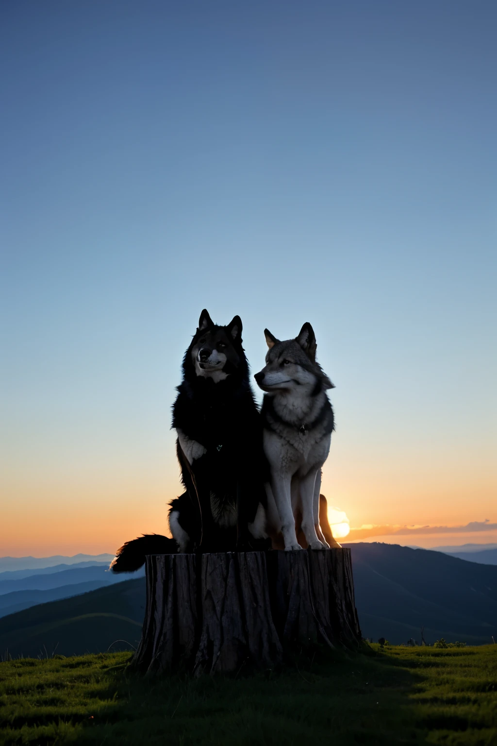 A pair of wolves with one on top of the other, both facing forward.