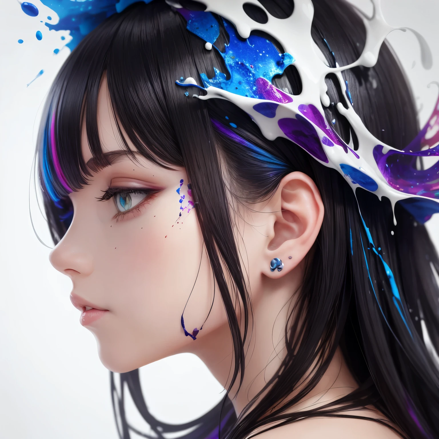 from side, best quality, 32k, RAW photo, incredibly absurdres, extremely detailed, the moment when colorful ink splashes and jumps up, milk crown, ink splatter, beautiful professional lighting