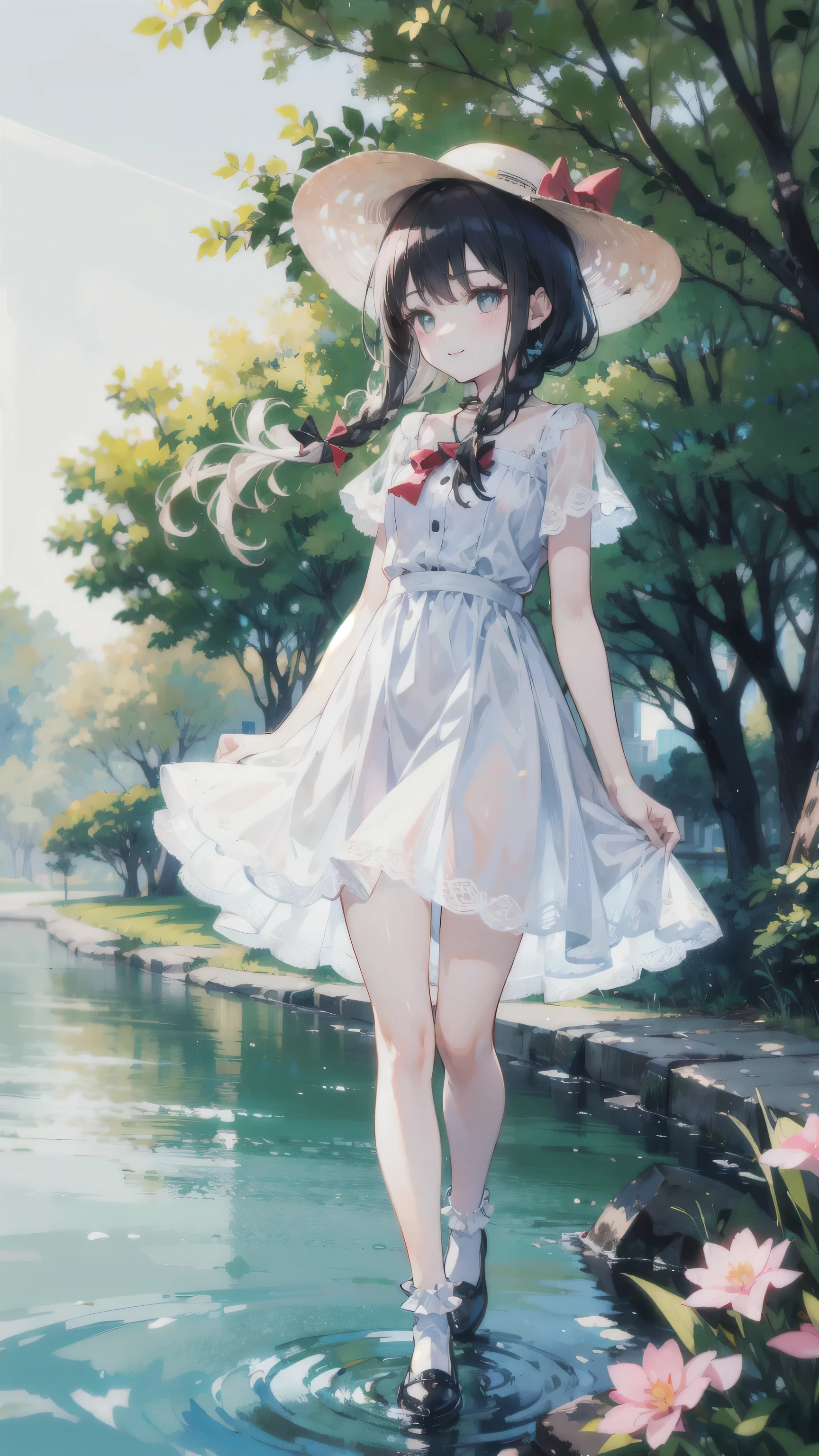 (Film portrait photography,portrait,Beautiful two-dimensional wallpapers)(Soft professional lighting,Private photos,35mm film,imagine:1.3)(15-year-old cute looks into the distance:1.6,Wearing a long white dress blown by the wind,Exquisite waist-to-hip ratio:1.6,White and long legs:1.3,Smile,small red lips:1.4,Wearing a bow tie and sun hat:1.4,cute white socks:1.3,French bangs:1.4,double braids:1.2,Standing on the lawn with hands behind hands:1.6)(Bird Pond Peach Blossom Tree:1.5,The picture is very neat :1.5)